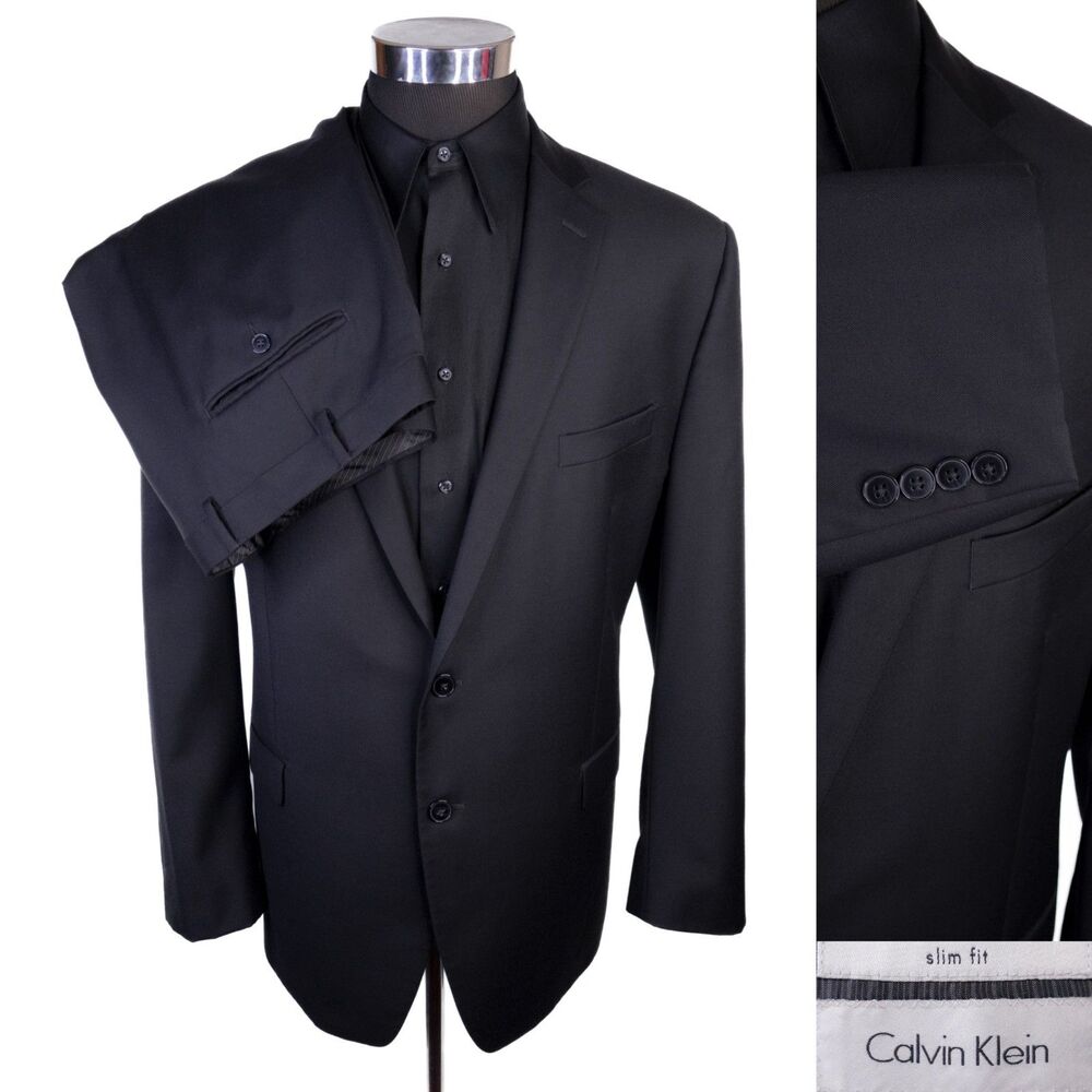Calvin Klein SLIM Sz 2-Pcs Solid Black Suit Blazer Jacket Sz 44R Pants 42X32